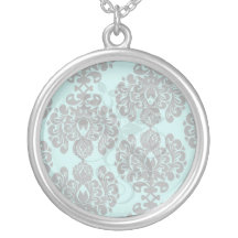 black damask elegance on aqua blue necklace