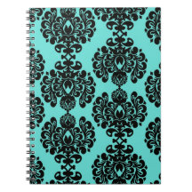 black damask elegance on aqua blue note books