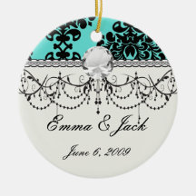 black damask elegance on aqua blue ornaments
