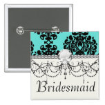 black damask elegance on aqua blue pinback button
