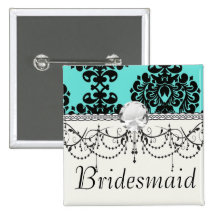 black damask elegance on aqua blue pinback button