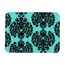 black damask elegance on aqua blue rectangle magnets