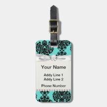 black damask elegance on aqua blue travel bag tag