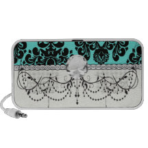 black damask elegance on aqua blue travel speakers