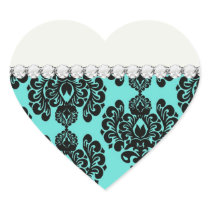 black damask elegance on tiffany blue heart stickers