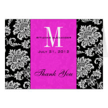 Black Damask Hot Pink Monogram Wedding Thank You Cards