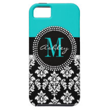 Black Damask iPhone 5 Case Monogram Initial Aqua