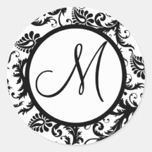 Black Damask Monogram Wedding Seal Round Stickers