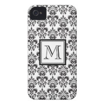 Black Damask Pattern 2 with Your Monogram iPhone 4 Case