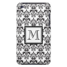 Black Damask Pattern 2 with Your Monogram Barely There iPod Case