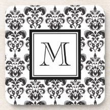 Black Damask Pattern 2 with Your Monogram Coaster
