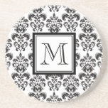 Black Damask Pattern 2 with Your Monogram Drink Coaster