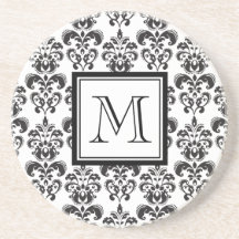 Black Damask Pattern 2 with Your Monogram Drink Coaster