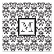 Black Damask Pattern 2 with Your Monogram Invitations