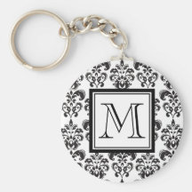 Black Damask Pattern 2 with Your Monogram Keychain