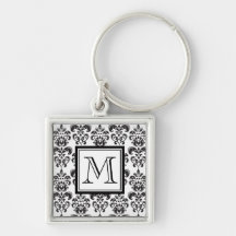 Black Damask Pattern 2 with Your Monogram Keychains