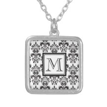 Black Damask Pattern 2 with Your Monogram Necklace