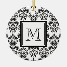 Black Damask Pattern 2 with Your Monogram Christmas Tree Ornament