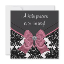 Black Damask Pink Bow Princess Baby Shower Invitations