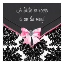 Black Damask Pink Bow Princess Baby Shower Personalized Invitations