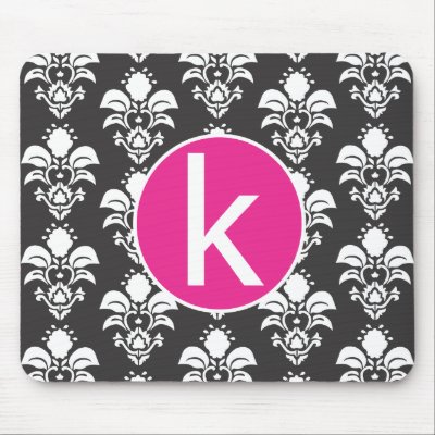 Black Damask Pink Circle Mousepad Initial "k" by DotzBoutique