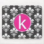 Black Damask Pink Circle Mousepad Initial "k"