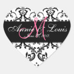 Black Damask Pink Initial Wedding Favor Heart Stickers