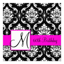 Black Damask Pink Monogram 60th Birthday Invite