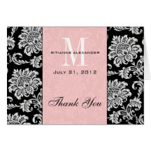 Black Damask Pink Monogram Wedding Thank You Greeting Cards