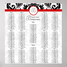Black Damask Red Trim Seating Chart Table Numbers Print