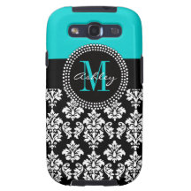 Black Damask Samsung Galaxy Case Monogram Aqua Samsung Galaxy S3 Covers