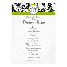 Black Damask Swirl Apple Green Wedding Menu Invites