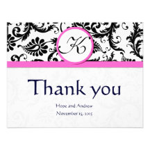 Black Damask Swirl Pink Wedding Thank You Cards Announcement