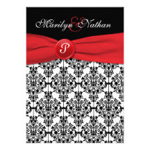 Black Damask with Poppy Red Wedding Invitation