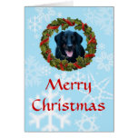 Black Doberman Christmas Card with wreath and snow