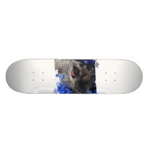 Black dog eye peering out of blue tinsel skateboard
