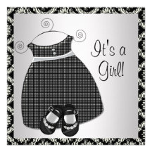 Black Dress Shoes Black Damask Baby Girl Shower Custom Announcements