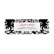 Black Floral Damask Red Font Return Address Label