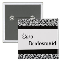 Black Floral Damask Wedding Bride women v3 Buttons