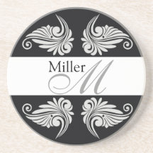 Black Flourishes  Wedding Anniversary Monogram Drink Coaster
