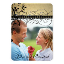 Black Funky Elegant Swirl Wedding Photo Invitation