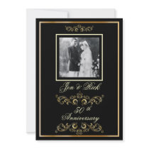 Black + Gold 50th Anniversary, Gold Swirls Photo Invitations