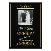 Black + Gold 50th Anniversary, Gold Swirls Photo Invitations