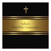 Black Gold Cross Boys First Communion invitations