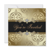Black Gold Damask Black Tie Party Custom Invitation