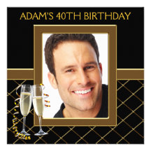 Black Gold Photo Mans 40th Birthday Party Custom Invitations