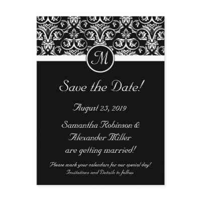 Black Grand Insignia Monogram Save the Date Post Cards by CustomInvites