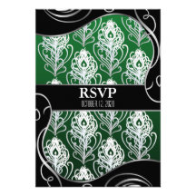 Black & Green Peacock Feather Wedding RSVP Cards Announcements