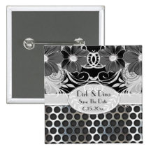 Black & Grey Feminine Floral Manly Metal Wedding Button