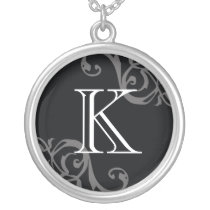 Black grey flourish initial monogram letter charm necklaces